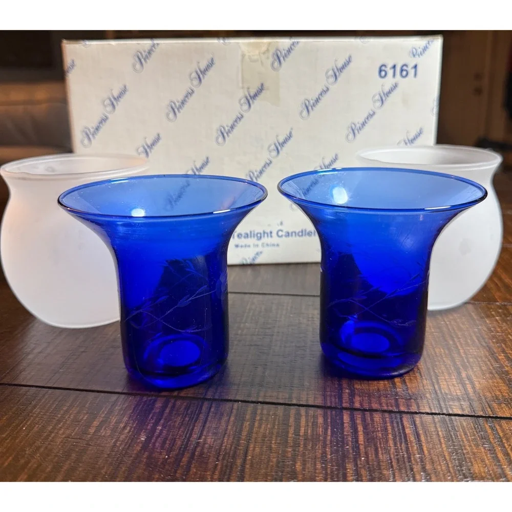 Princess House Tealight Candle Fairy Lamp Set Cobalt Blue Frosted Crystal 6161